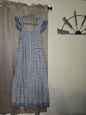 Shabby Chic Blue and White Gingham Midi Dress with Lace Trim